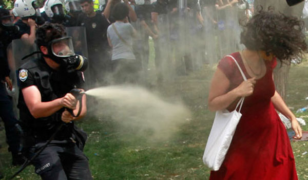 Turkey's resistance image forged as pepper spray burns woman in red dress
