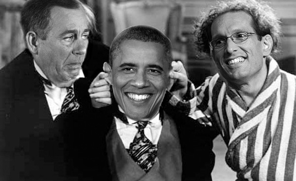 Two Stooges Boehner and Cantor laugh as they sell America down the debt river