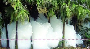 Bubble trouble: 50ft tsunami of foam sweeps through village after chemical spill