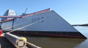 US Navy christens huge $3 billion destroyer ship USS Zumwalt that appears as a fishing boat on enemy radar